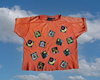 Vintage orange Liz Wear 90s 80s cropped tee t-shirt crop top moon sun love Mary Engelbreit