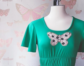 vintage 60s 70s green xxs maxi dress butterfly applique