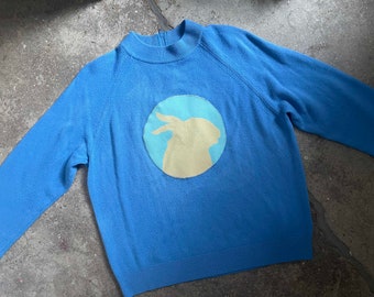 mock neck blue sweater vintage 1990s shadow hand puppet applique patch