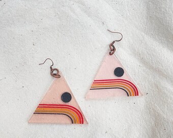 handcrafted rose gold transparent triangle earrings - engraved hand painted 70s 1970s retro inspired geo rainbow / laser cut