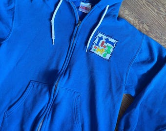 dog patch applique sweatshirt blue full zip vtg vintage hoodie 80s 90s