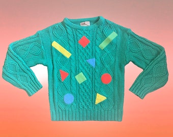 Vintage 1980s geometric shapes cable knit applique pullover sweater