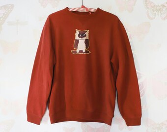 skater owl pocket applique crew neck pullover sweatshirt burnt orange rust vintage