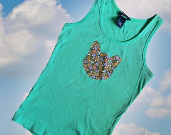 y2k 2000s 00s ear tipped cat TNR applique ribbed tank top sleeveless