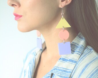 Large handmade laser cut acrylic geometric shape earrings - pastel triangle circle square / statement jewelry