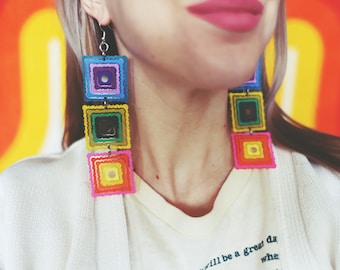 handmade hand-painted rainbow granny square acrylic dangle earrings