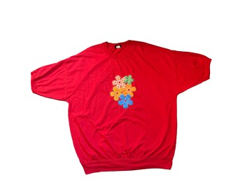 Vintage 1990s red floral flowers daisy Appliqué bouquet plus size