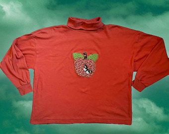 Vintage rust burnt orange turtleneck long sleeve shirt apple butterfly applique 60s 70s
