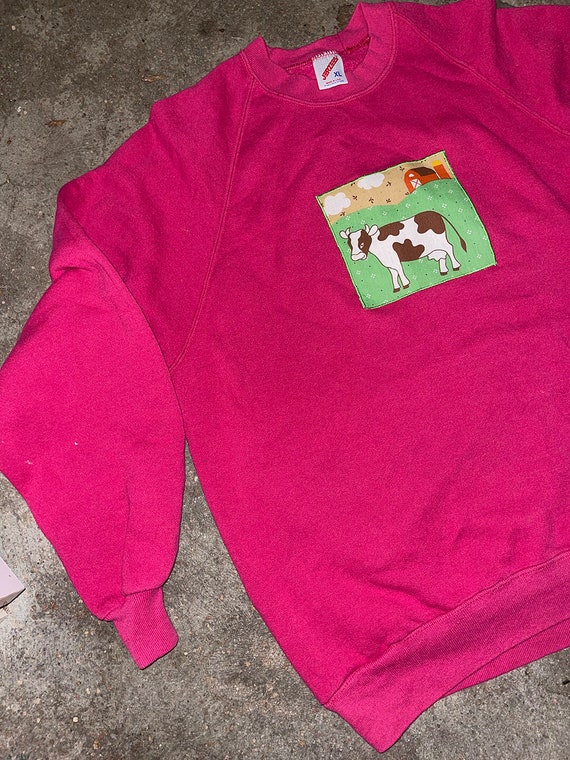 Cutie cow applique farm cottagecore pink pullover… - image 5