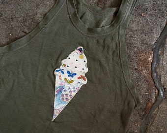 Vintage olive green distressed sleeveless shirt tank top patchwork floral applique ice cream cone military wwii era