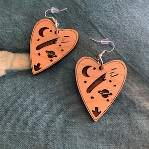 Handcrafted laser cut wooden earrings / Talking Board Crystal Gazer / Ouija / planchette / crescent moon heart shaped jewelry