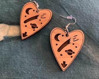 Handcrafted laser cut wooden Crystal Gazer planchette earrings