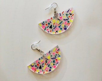 Handmade clear acrylic dangle earrings - half moon shape + hand-painted pastel geometric pattern