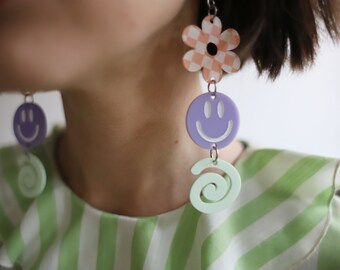 Checkered peach pastel daisy floral + lavender smiley face + light green swirl shape dangle earrings - laser cut acrylic handmade geometric