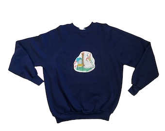 Vintage 1990s navy blue pullover crew neck sweatshirt cottagecore applique