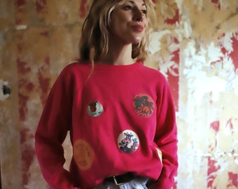 Applique sweatshirt pink crew neck pullover handmade vintage animal lover cow cat koala