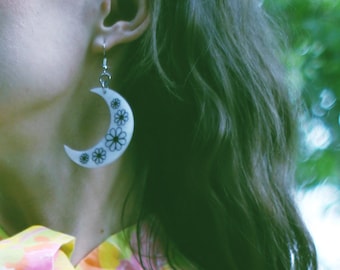 Moon Flower dangle earrings - crescent daisy pearly acrylic laser cut hand painted