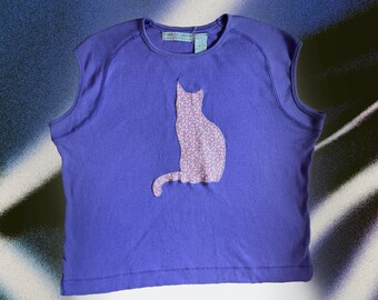 purple ear tipped cat tee t shirt tnr feral cat trap neuter return applique vtg vintage 90s