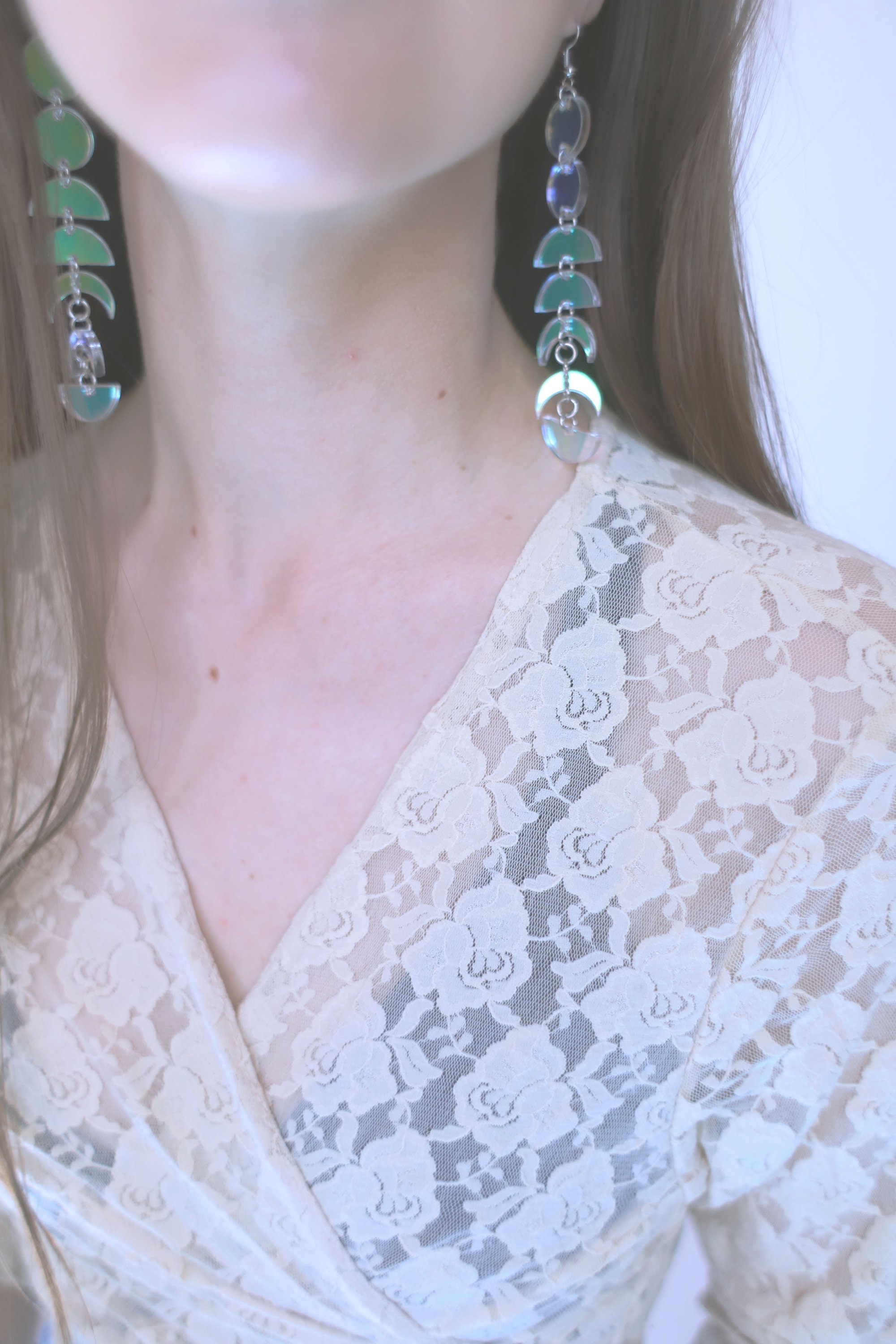 handcrafted laser cut iridescent acrylic moon phase dangle earrings