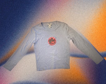 light blue long sleeve vintage 1990s shirt t-shirt tee dinosaur patch applique handmade dino cutie