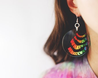 Handcrafted laser cut glass green distorted whatever  earrings / tie dye rainbow psychedelic
