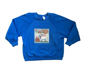 Vintage 1990s raglan crew neck pullover sweatshirt royal blue Appliqué farm sheep