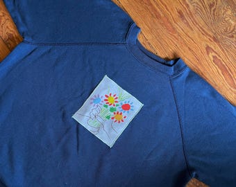 Picasso Bouquet of Peace applique raglan pullover crew neck sweatshirt dark navy blue