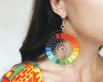 Handcrafted color wheel earrings - hand painted laser cut + engraved rainbow / artist / art teacher