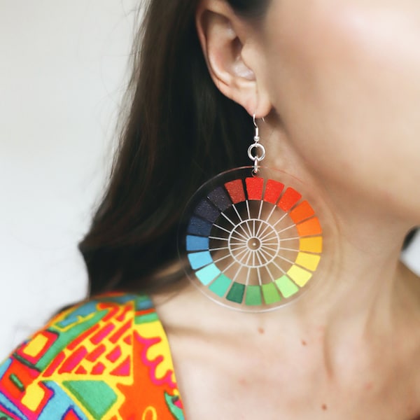 Handcrafted color wheel earrings - hand painted laser cut + engraved rainbow / artist / art teacher