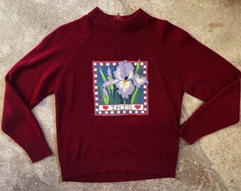 Iris floral applique vintage 90s maroon red wine mock neck sweater