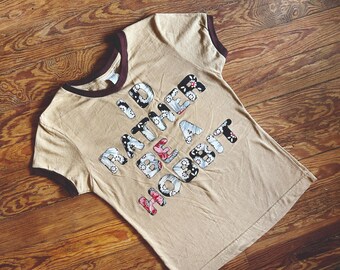 I'd rather be a hobbit ringer t-shirt applique vtg vintage baby tee y2k 2000s beige brown