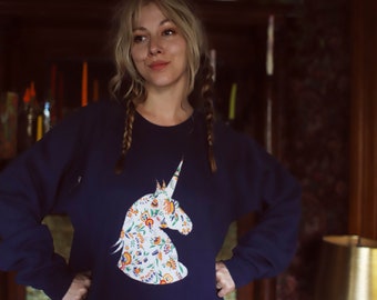 floral feed sack Unicorn fabric applique pullover crew neck sweatshirt jumper