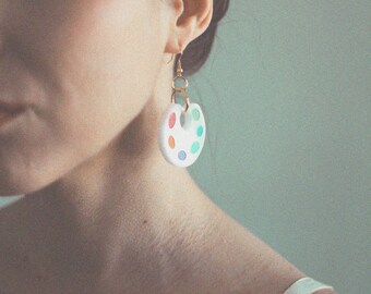 Handmade white Artist's paint palette earrings / gifts for artists / painters / acrylic dangle earrings - peach