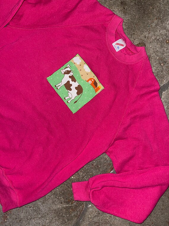 Cutie cow applique farm cottagecore pink pullover… - image 6
