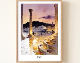 Split Croatia Watercolor Art Print, Mediterranean Travel Poster Decor