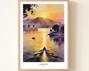Udaipur City Palace Watercolor Print, India Lake Sunset Travel Wall Art