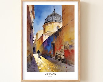 Valencia Cathedral Square Watercolor Print, Spain Cityscape Wall Art