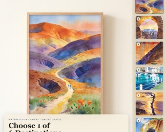 Aquarell-Leinwandbild USA, Mohnfelder im Canyonlands-Nationalpark in Kalifornien, Berg-Leinwandbild als Reisegeschenk