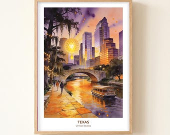 Austin Texas Congress Bridge Skyline Watercolor Art Print, Cityscape Travel Wall Art