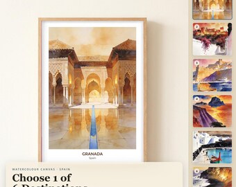 Spanien Aquarell-Leinwandbild, Granada, Ibiza, Lanzarote, Skyline-Leinwandbild, Reisegeschenk
