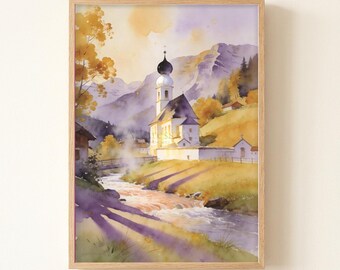 Berchtesgaden Eagles Nest Watercolor Print, Alps Germany Landscape Mountain Art