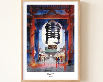 Tokyo Sensoji Temple Watercolor Art Print, Japan Travel Wall Art Poster