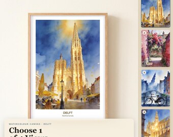 Delfter Aquarell-Leinwandbild, gerahmter Leinwanddruck, Reise-Wanddeko, Aquarellmalerei, Geschenk für Reisende, Geschenk für die Wohnung