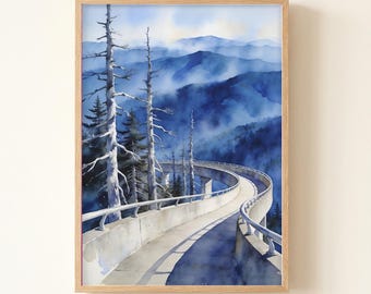 Smoky Mountains Watercolor Art Print, Scenic Trail View Travel Poster