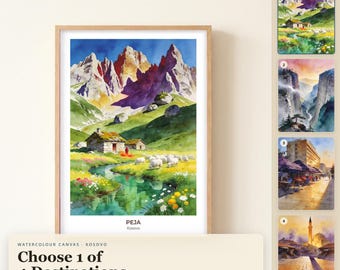 Kosovo Aquarell-Leinwandbild, Peja Pristina, Berglandschaft – Reise-Leinwanddruck – Geschenk