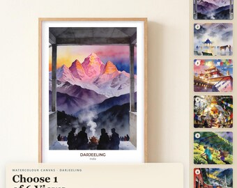 Darjeeling-Aquarellbild auf Leinwand, gerahmter Leinwanddruck, Bergmotiv, Reisemotiv, Aquarellmalerei, Geschenk für Reisende