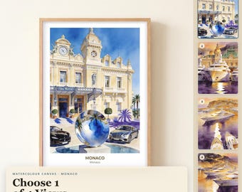 Monaco-Aquarell-Leinwandbild, gerahmter Leinwanddruck, Küstenmotiv, Reise-Wandbild, Aquarellmalerei, Geschenk für Reisende