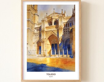 Toledo Church Plaza Watercolor Print, Spain Cityscape Travel Art