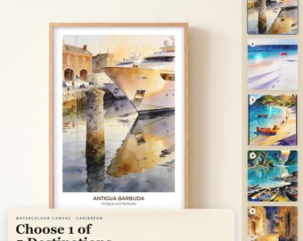 Aquarell-Leinwandbild aus der Karibik, Antigua und Barbuda, Turks- und Caicosinseln, Grenada, St. Vincent und Santo Domingo – Küsten-Leinwandbild als Reisegeschenk
