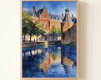 The Hague Binnenhof Hofvijver Watercolor Art Print, Moody Netherlands Travel Poster